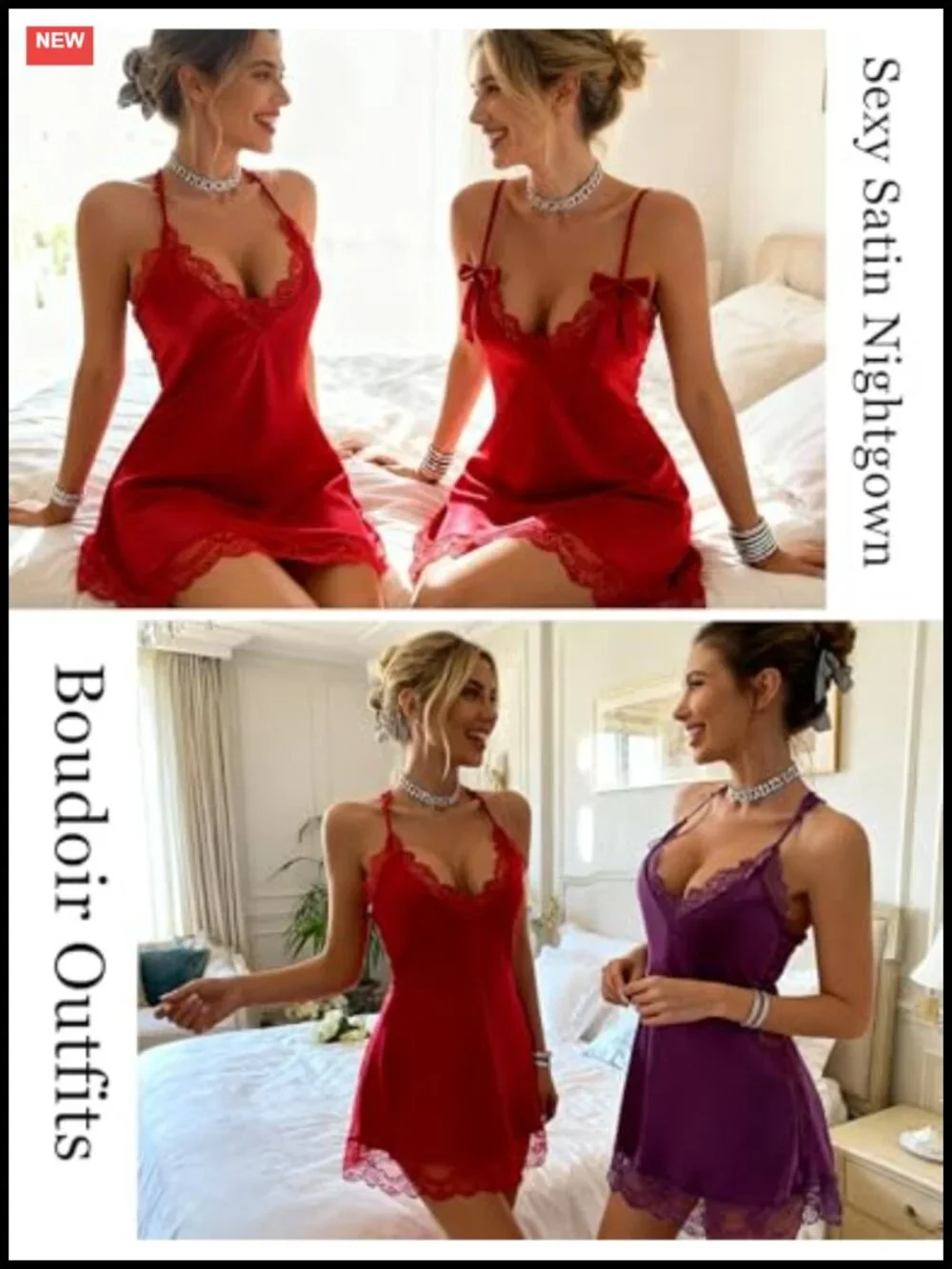 Satin Lace Chemise Deep V Halter Babydoll Sleepwear Women's Lingerie Nightgown